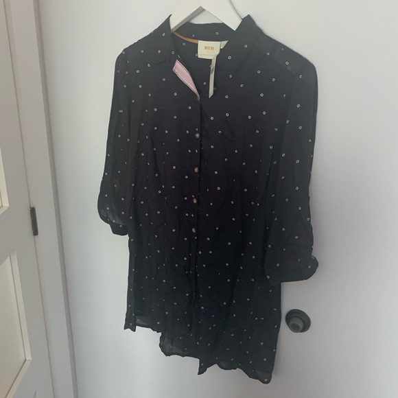 Anthropologie Navy Polka Dot Button-Front Tunic Blouse - Picture 4 of 4
